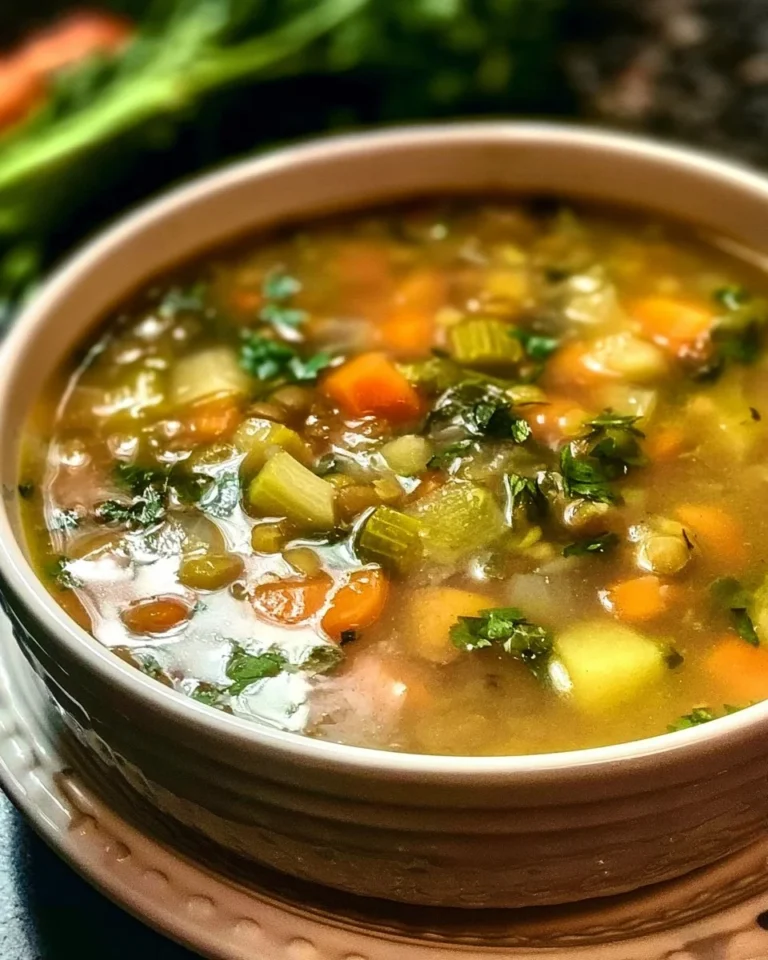 Bowl of hearty vegetable lentil soup with fresh vegetables and herbs