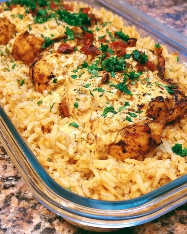 High protein creamy Cajun chicken served with rice in a bowl