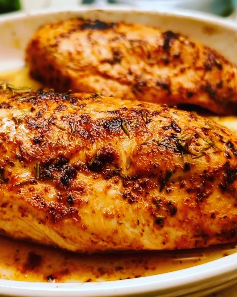 Juicy baked chicken breast garnished with herbs on a plate