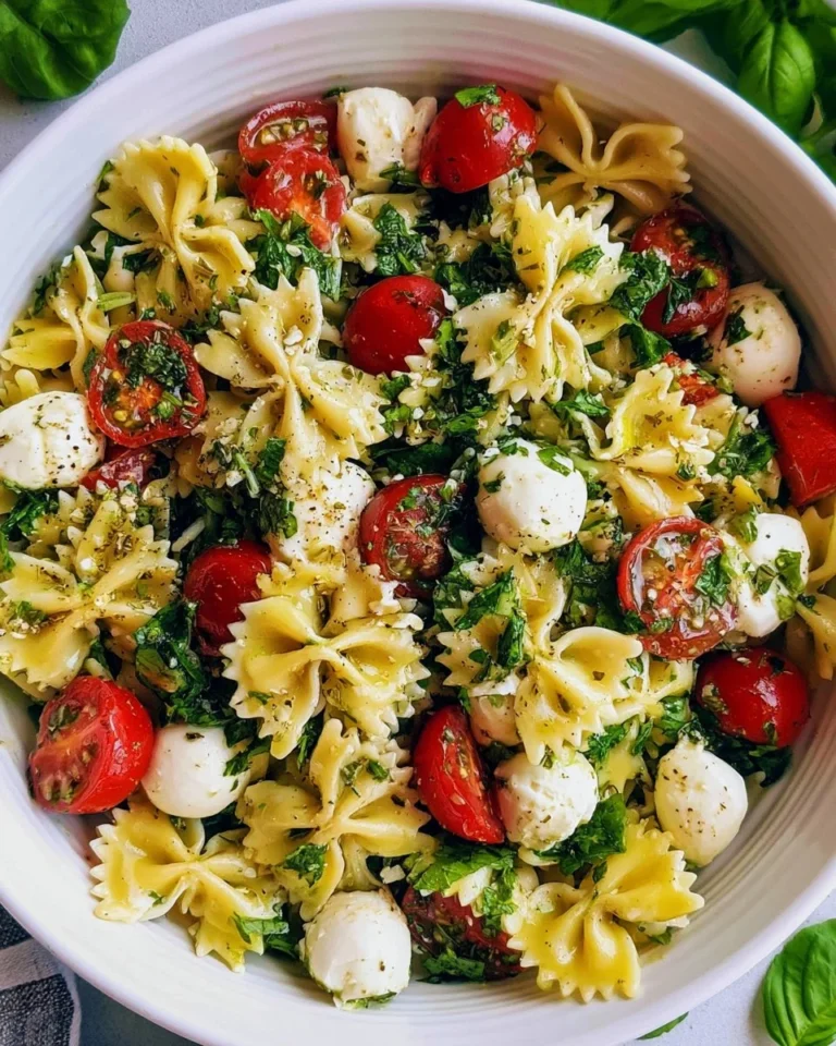 Colorful Italian Bow Tie Pasta Salad with vegetables and dressing