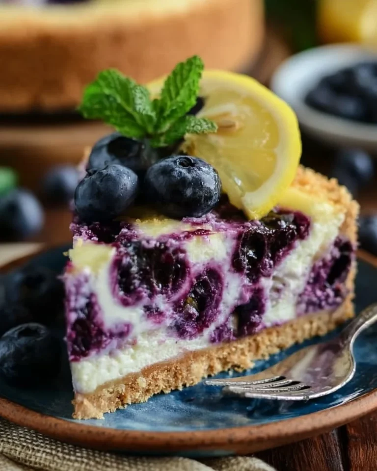 Delicious lemon blueberry cheesecake with fresh blueberries on top