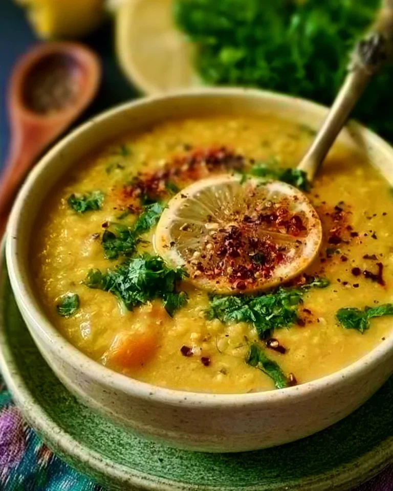 Bowl of Lemon Lentil Soup garnished with fresh herbs