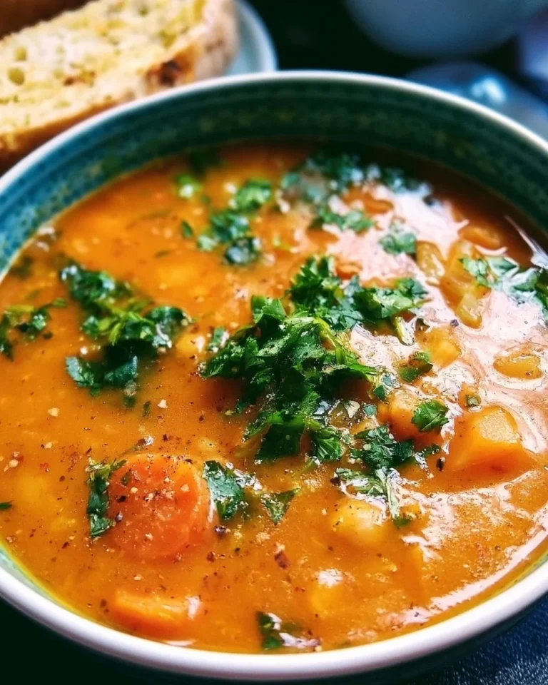 Bowl of homemade Mediterranean soup with colorful vegetables and herbs