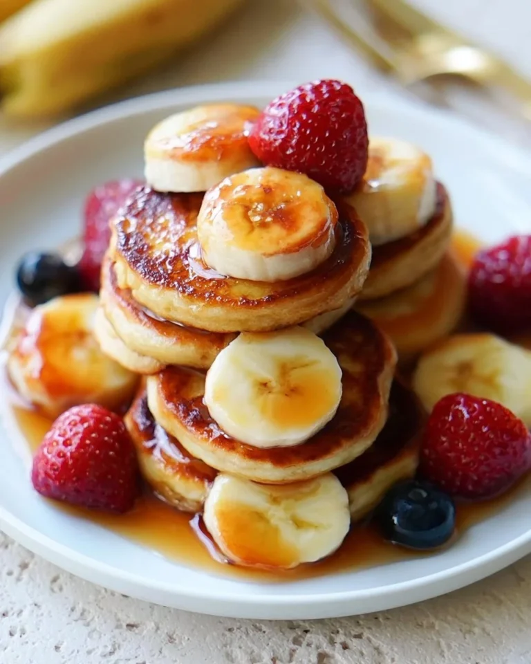 Mini banana pancake bites on a plate, topped with syrup and banana slices.