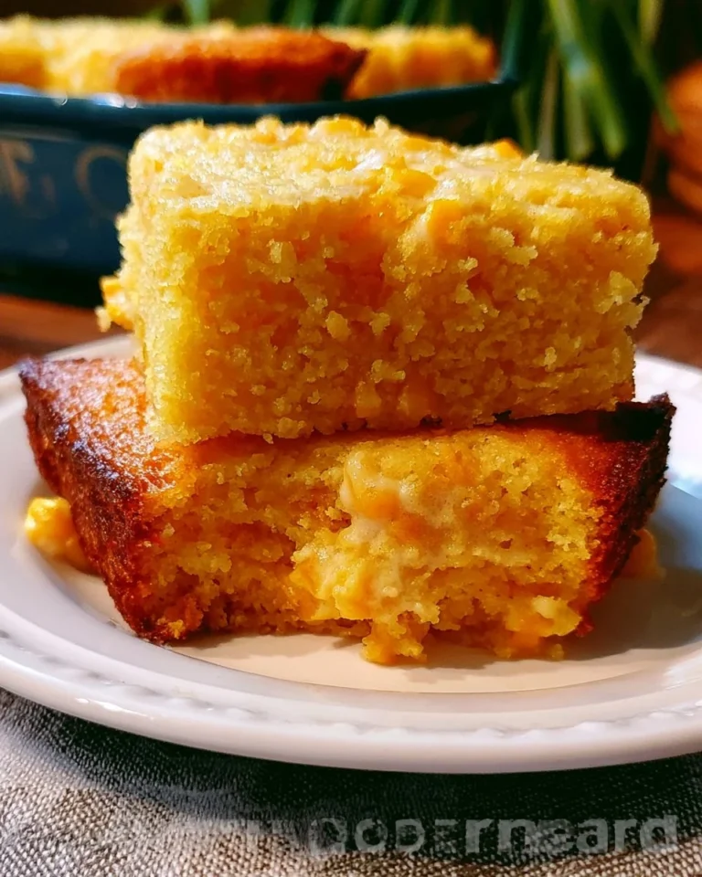 Moist cornbread with creamed corn served on a rustic wooden table
