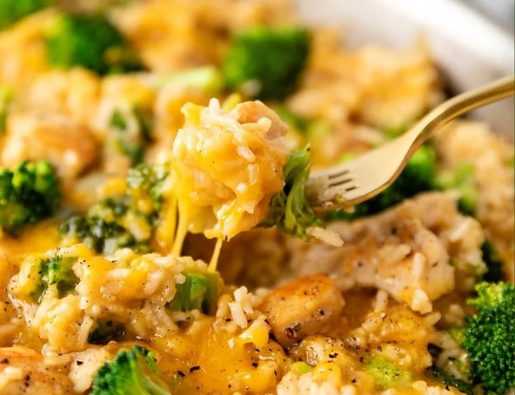 One Pan Cheesy Chicken with Broccoli and Rice dish in a skillet