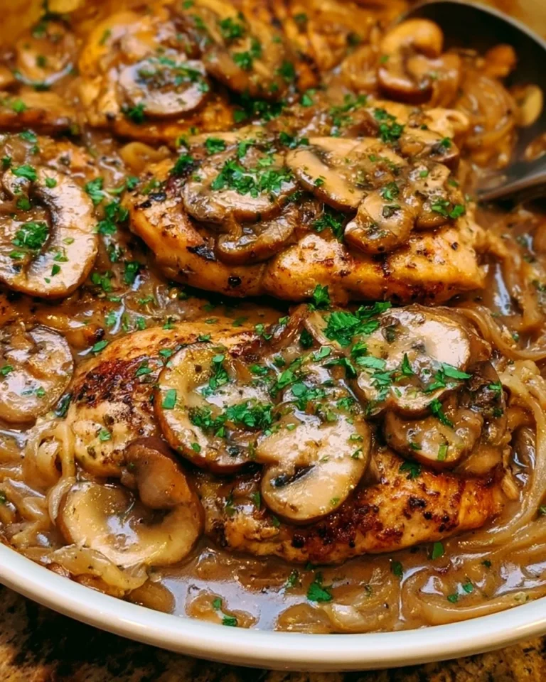 One Pan Chicken Marsala with mushrooms and sauce on a plate
