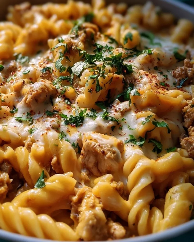 One-skillet cheesy ground chicken pasta served with herbs and cheese.