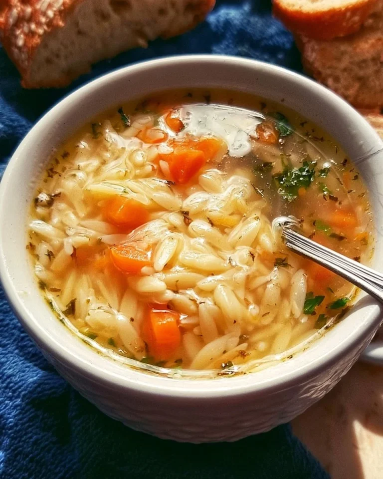 Bowl of delicious homemade orzo soup with vegetables and herbs