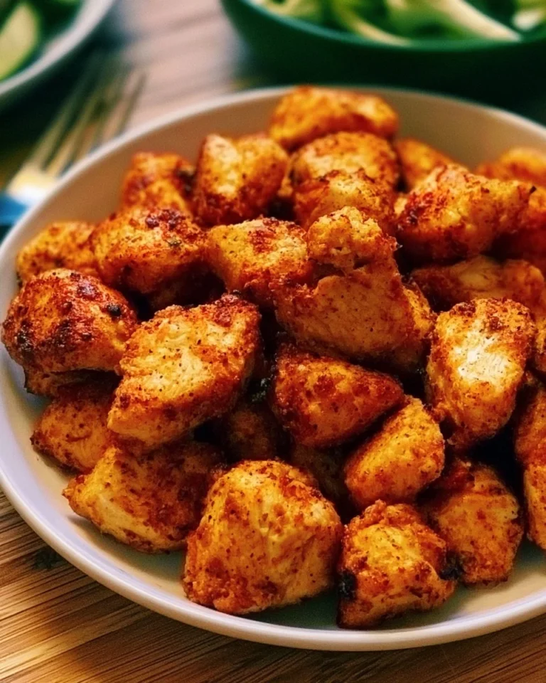 Oven-baked chicken bites served with dipping sauce on a plate.