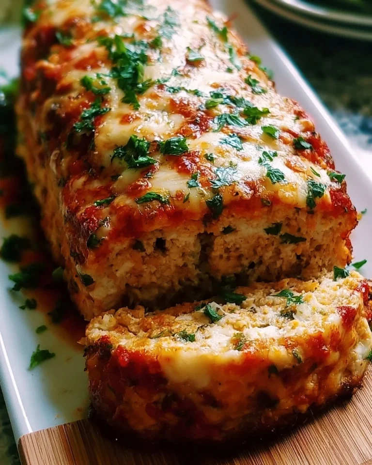 Delicious and juicy Parmesan Chicken Meatloaf served with herbs and vegetables