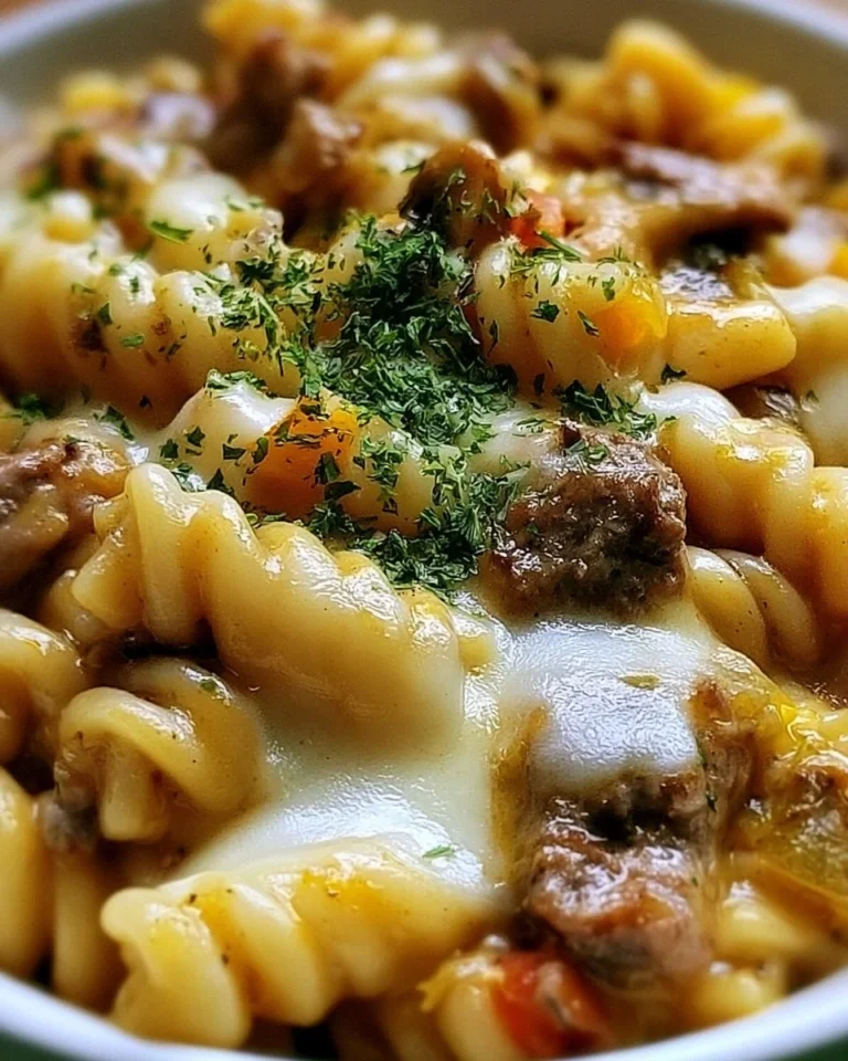 Creamy Philly cheesesteak pasta dish garnished with herbs and served in a bowl.