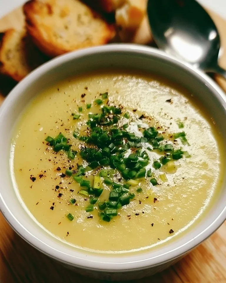 Bowl of creamy Potato Leek Soup garnished with fresh herbs