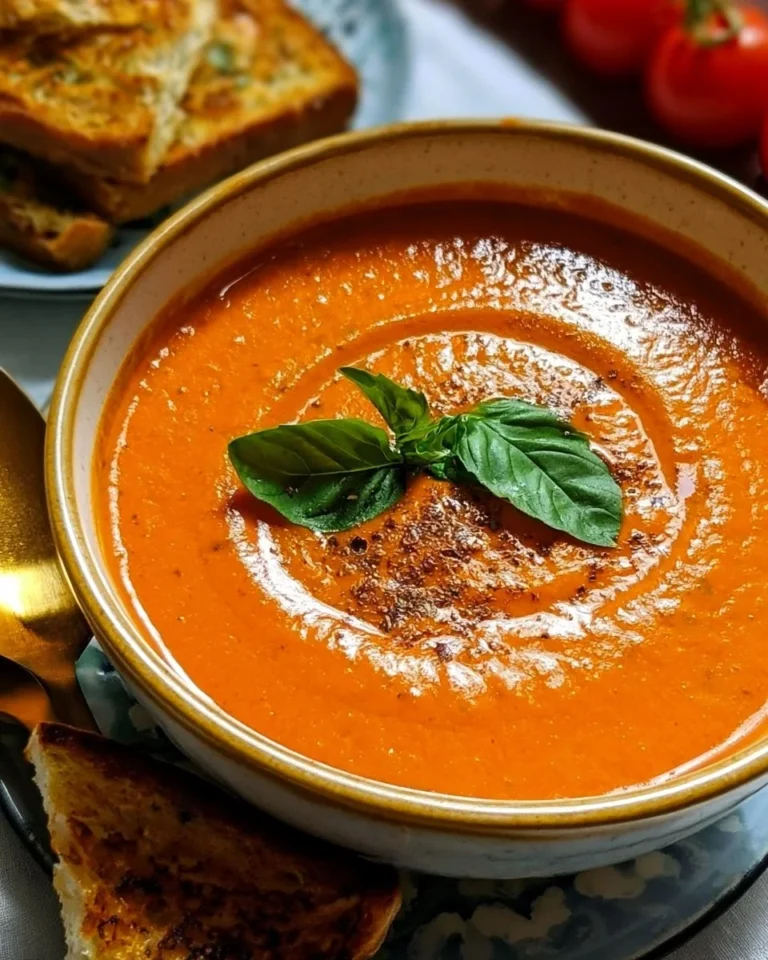 Delicious bowl of roasted tomato soup garnished with fresh basil