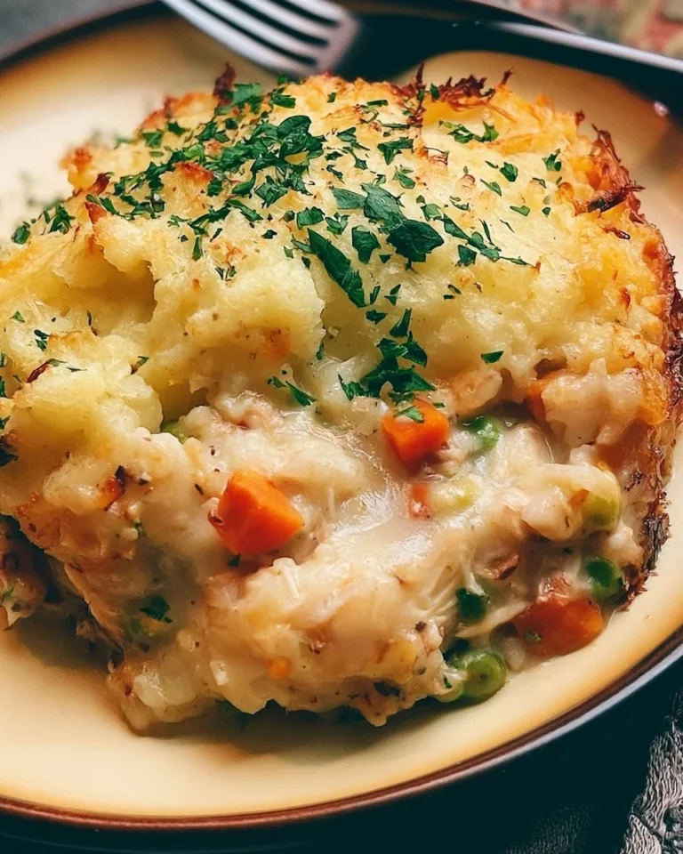Rotisserie chicken shepherd's pie served with mashed potato topping