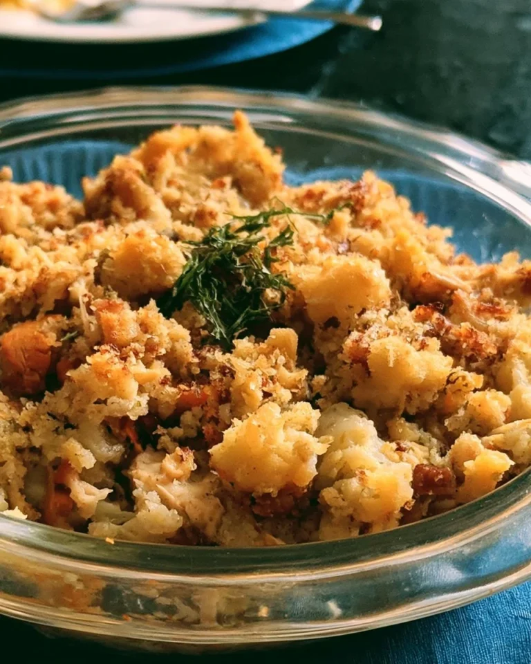 Delicious rotisserie chicken stuffing casserole served in a baking dish