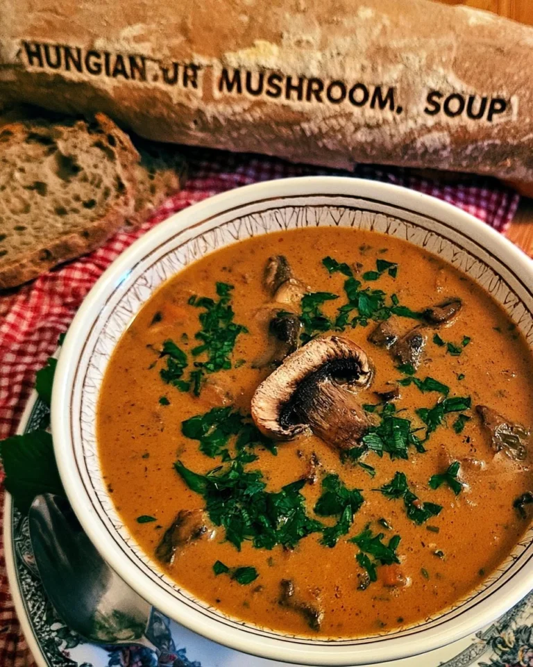 Bowl of Rustic Hungarian Mushroom Soup garnished with herbs.