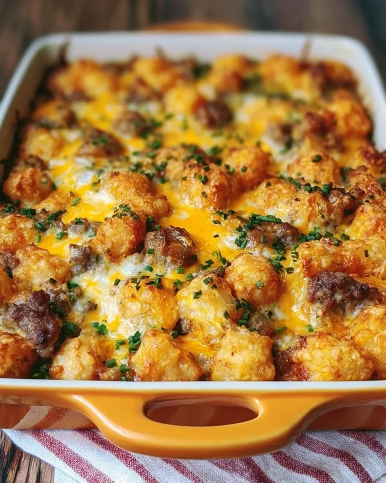 Sausage Tater Tot Breakfast Casserole served in a dish