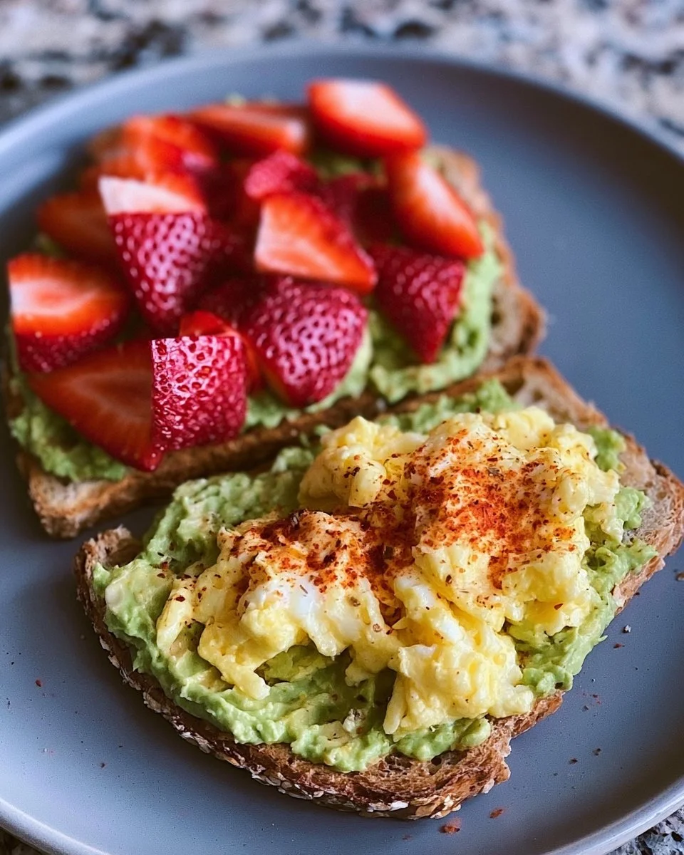Scrambled Eggs, Strawberries, and Avocado Toast for a Healthy Breakfast