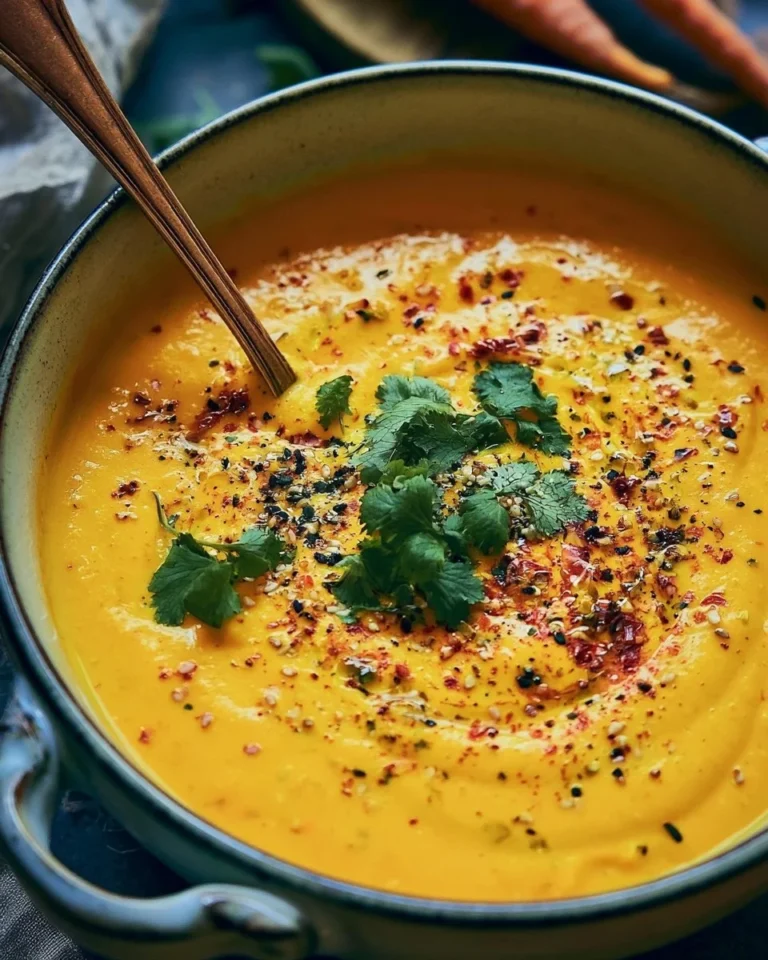 Bowl of sesame-spiced carrot soup with red lentils garnished with herbs