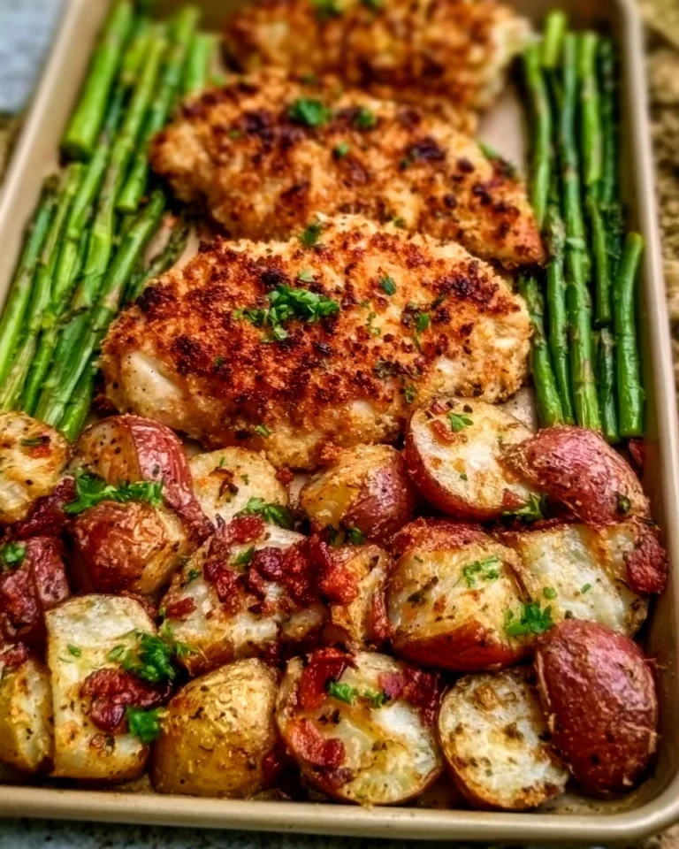 Delicious sheet pan parmesan-crusted chicken dinner ready to serve.