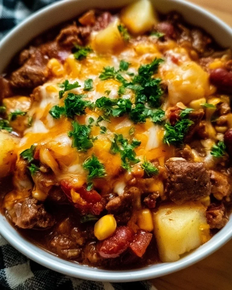 Delicious slow cooker cowboy casserole served in a rustic bowl