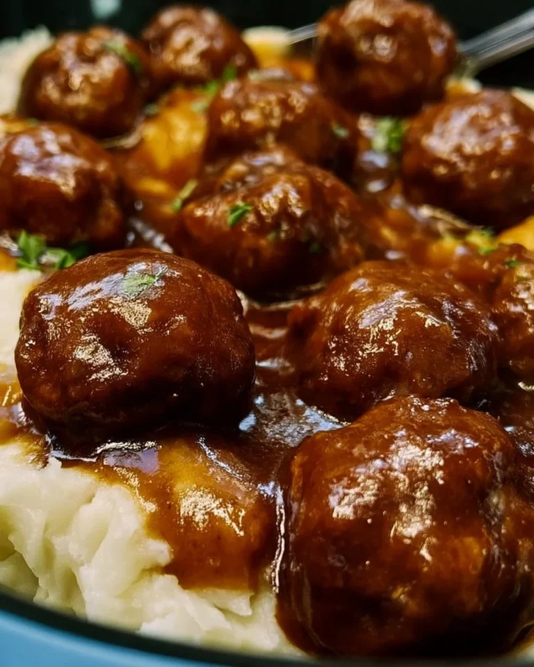 Slow cooker Salisbury steak meatballs served in gravy with mashed potatoes