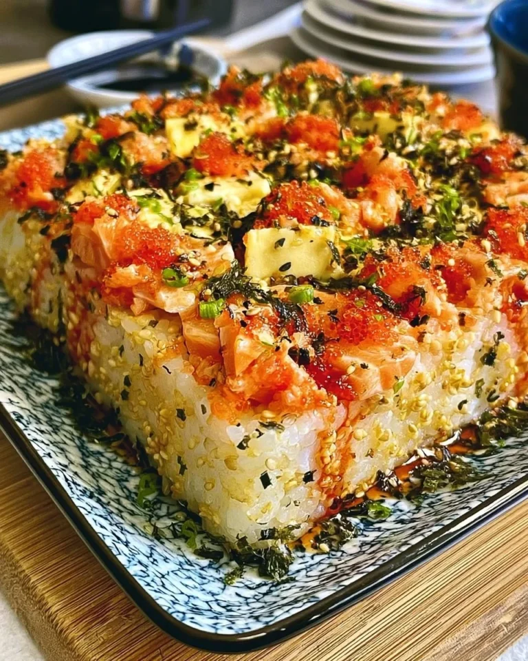 A delicious baked sushi casserole topped with fresh ingredients, ready to serve.