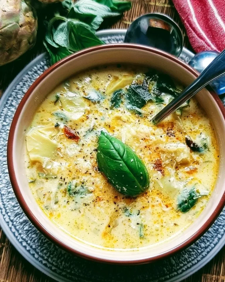 Bowl of Tuscan artichoke soup garnished with fresh herbs and served with bread