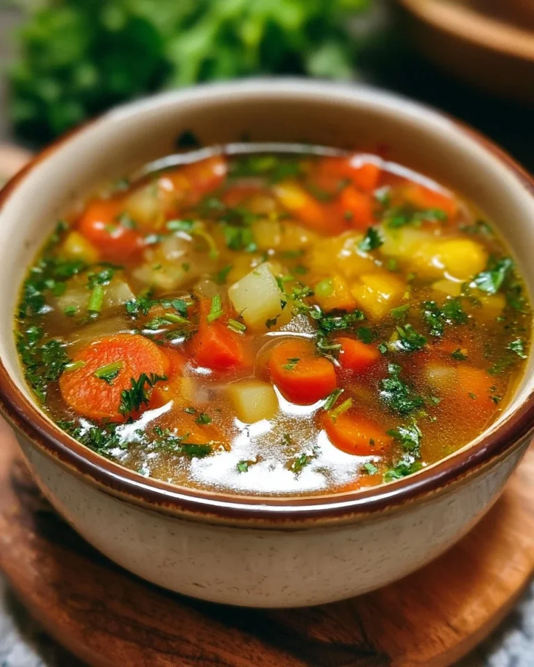 Bowl of healthy and colorful vegetable soup with fresh vegetables