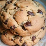 Delicious giant chocolate chip cookies, freshly baked and ready to enjoy.