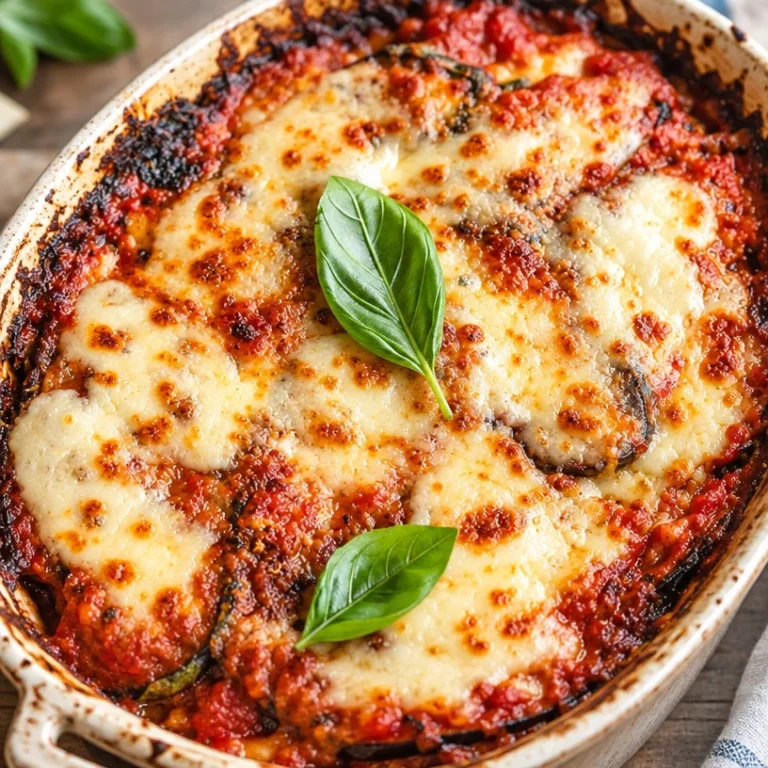 Plate of best-ever easy authentic Italian eggplant parmesan recipe with cheese and herbs