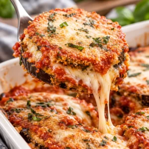 Delicious baked eggplant parmesan layered with cheese and marinara sauce