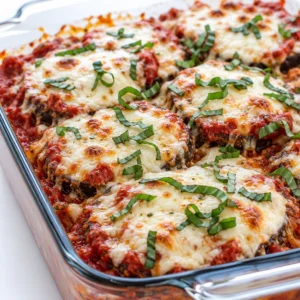 Delicious baked eggplant parmesan with cheesy layers and fresh basil on top.