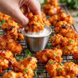 Delicious Buffalo Cauliflower Wings served with dipping sauce