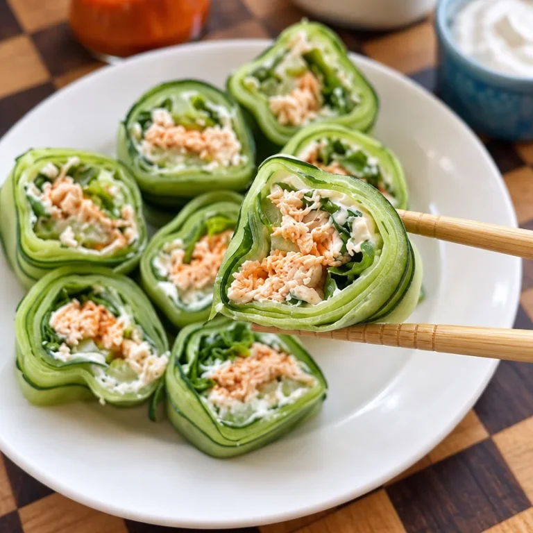 Easy buffalo chicken cucumber rolls served on a platter for a healthy snack.