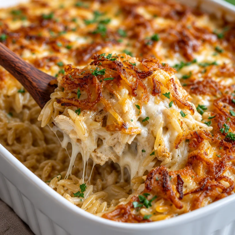 Best-Ever Easy French Onion Chicken Orzo Casserole
