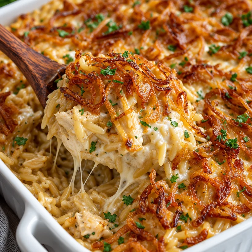 Best-Ever Easy French Onion Chicken Orzo Casserole