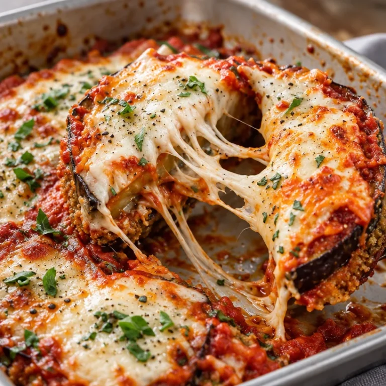 Delicious homemade eggplant parmesan dish topped with cheese and herbs.