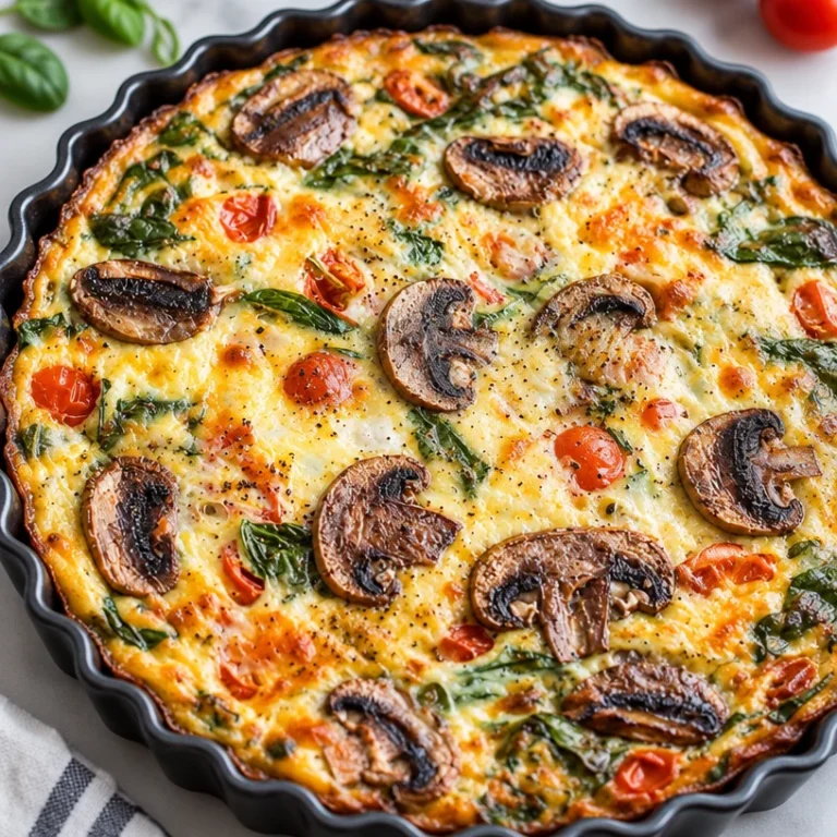 Delicious mushroom frittata served on a plate with fresh herbs