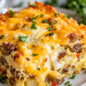 Easy overnight breakfast casserole served on a table with toppings