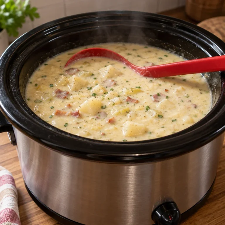 Bowl of creamy potato soup topped with herbs and spices