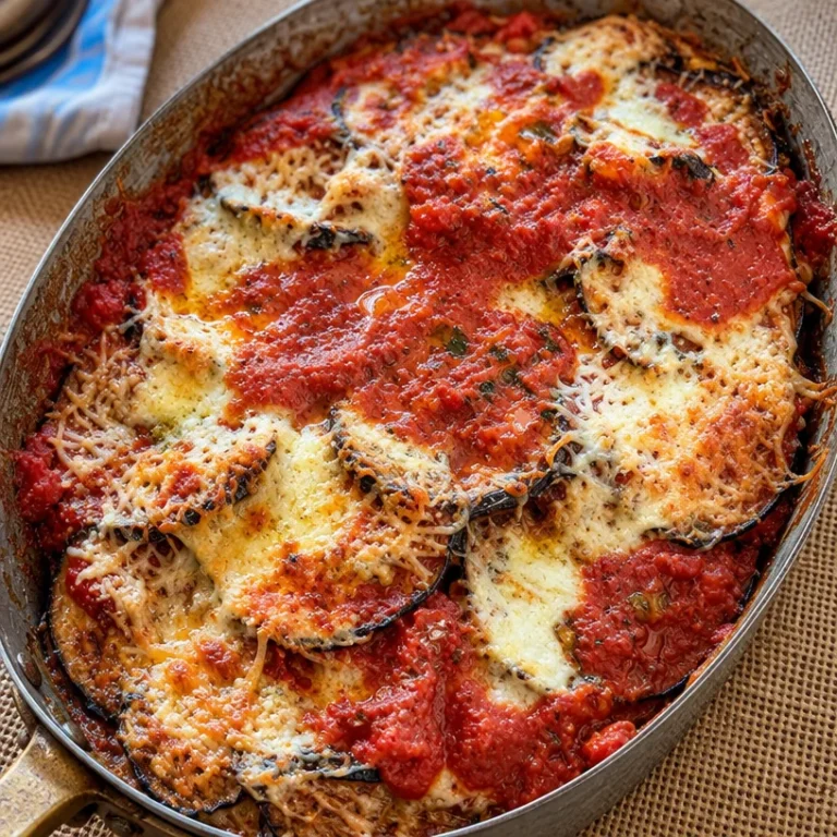 Delicious roasted eggplant parmesan served with fresh basil and cheese