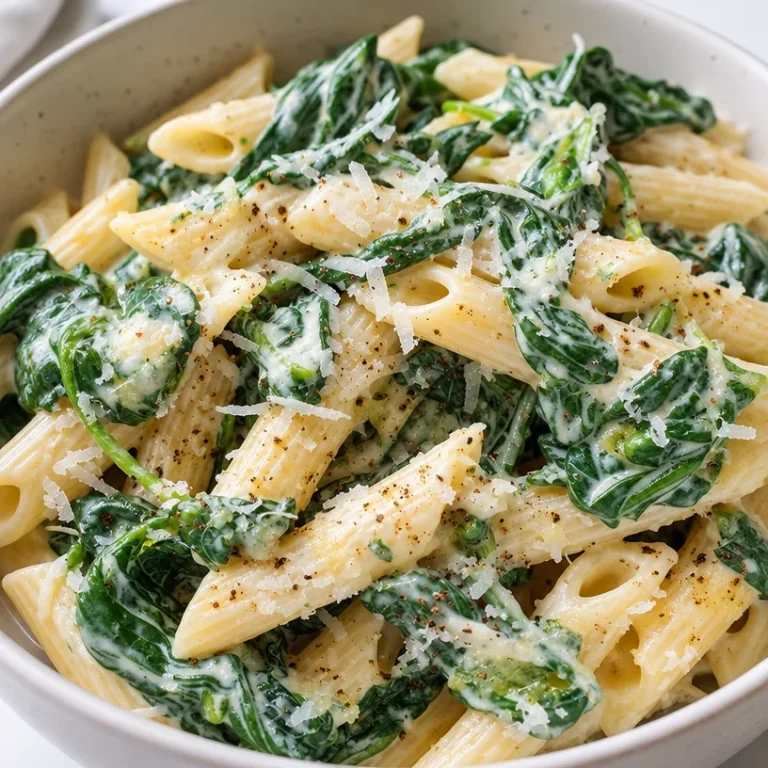 A delicious plate of best-ever quick spinach pasta garnished with fresh herbs.