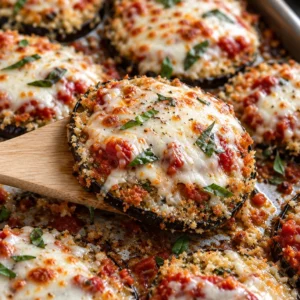 Best Ever Sheet Pan Eggplant Parmesan Recipe plated with fresh basil