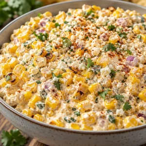 Delicious street corn dip served in a bowl with toppings for a party appetizer.