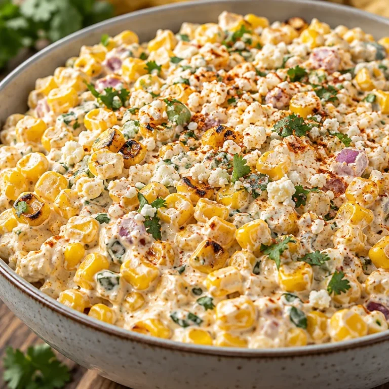 Delicious street corn dip served in a bowl with toppings for a party appetizer.