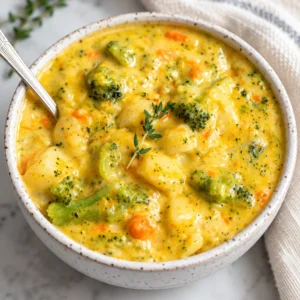 Bowl of creamy broccoli potato cheese soup garnished with fresh herbs