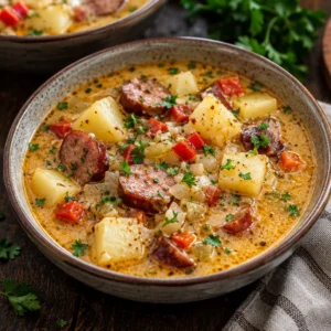 Bowl of Cajun Potato Soup garnished with green onions and spices