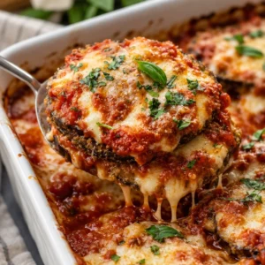 Plate of classic homemade eggplant parmesan with marinara sauce and cheese